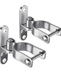 Two Pack Of Top Shelf 304 Stainless Steel Gate Hinges Rock Solid Heavy Duty Fence Hardware Built Like A Tank For Barn Doors And Sheds Fitting 1-3/8 Inch Posts With A 5/8 Male Pin For Super Smooth Swinging Action, showing angled mounts.