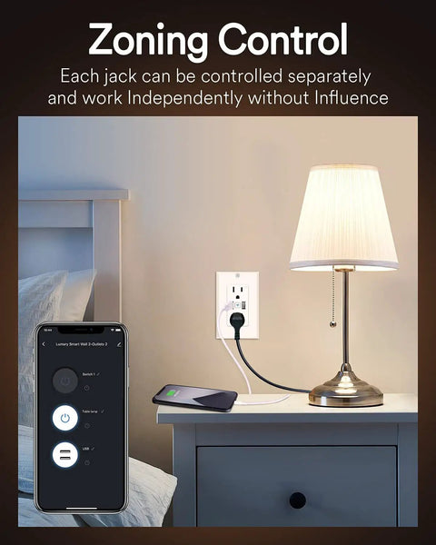 Smart In Wall USB Outlet With Voice Control For Alexa And Google Home, 15 Amp In Wall USB Power Socket, lamp and phone setup