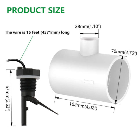 Flow Switch With Tee For Goldline Salt Systems Including AquaRite ProLogic AquaLogic Mineral Springs MS10 MS11 Swimpure And AquaPlus Half Inch NPT 15 Ft Shielded Cable PVC Tee Replacement Sensor No Contact Easy Install, with dimensions