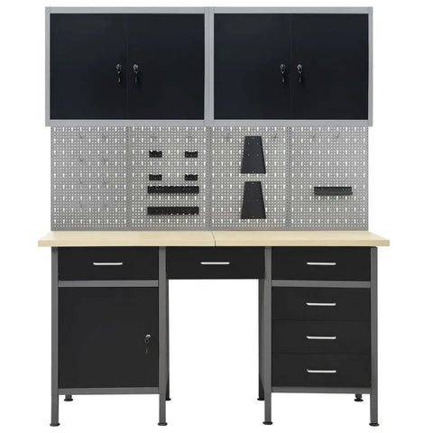 Heavy Duty Workbench With Wall Panels And Storage Cabinets, 63 Inch Industrial Garage Tool Organizer, Black Steel Workshop Station