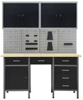 Heavy Duty 63 Inch Workbench With 6 Drawers And Cabinets, Killer Garage Workshop Storage System With 4 Perforated Wall Panels