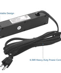 Black under desk wall mount power strip with four outlets and two USB ports, showing 6.56ft cord and mountable design