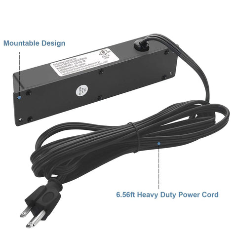 Black under desk wall mount power strip with four outlets and two USB ports, showing 6.56ft cord and mountable design