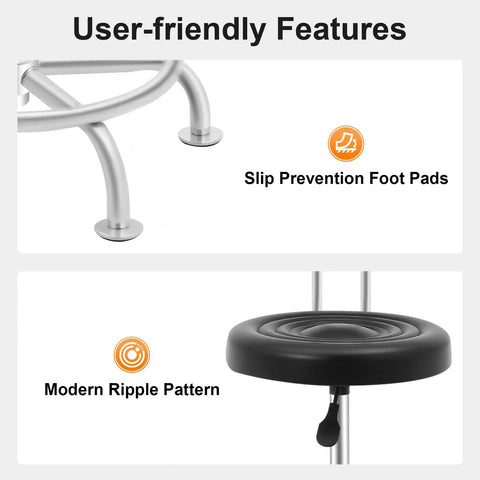 Round Black Hydraulic Swivel Shop Stool With Backrest, Adjustable Height, iron frame with slip prevention foot pads and ripple pattern