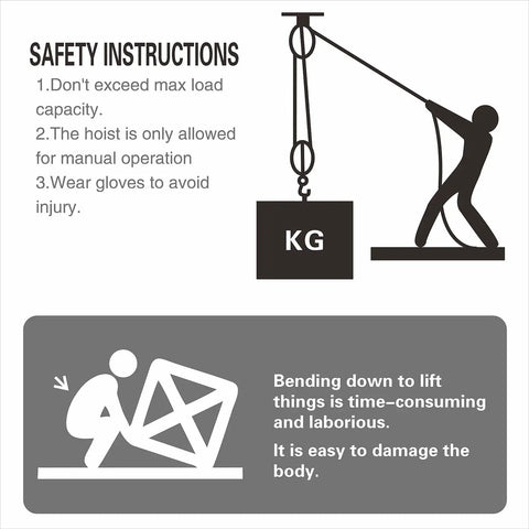 Illustration of safety instructions and diagram for using Beefy 2 Ton Rope Hoist Pulley Kit With 65 Ft 0.3 In Poly Rope 7To1 Wheel Block And Tackle.