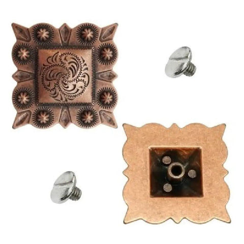 One And Half Inch Antiqued Copper Square Berry Concho With Quarter Inch Chicago Screw Fasteners Leather Craft Tack Saddle Hardware Western Accent Project Kit Two Piece Set showcasing detailed design and sturdy fasteners.