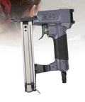 Heavy Duty Pneumatic Brad Nailer With 100 Nail Capacity Air Powered Woodworking Tool For Framing Quiet Operation side view