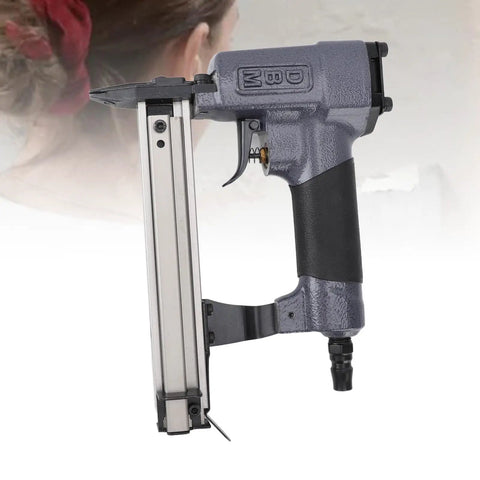 Heavy Duty Pneumatic Brad Nailer With 100 Nail Capacity Air Powered Woodworking Tool For Framing Quiet Operation side view