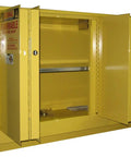 Straight Up Ready To Go 24 Gallon Flammable Storage Cabinet Built From Rock Solid 18 Gauge Steel Featuring Smooth Sliding Door And Self Close Latch Design OSHA Approved For Easy Lab Cleanup, opened view showing shelves.