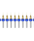 Ten Piece PCB Drill Bit Set 0.3mm Titanium Coated Carbide Micro Twist Bits With One Eighth Inch Shank displayed in a row.