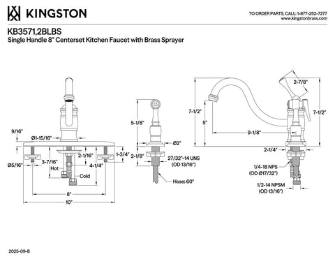 Technical drawing of Vintage Style Single Handle Kitchen Faucet With Sprayer In Brushed Nickel And Polished Brass, Eight Inch Centerset, Four Hole Deck Mount, Old School Charm, Solid Brass Construction, Duraseal Washerless Cartridge, 1.8 GPM