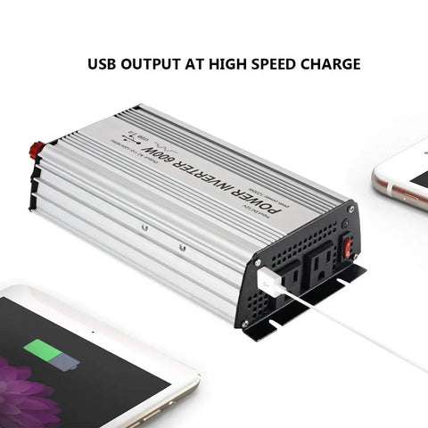 Heavy Duty 600 Watt Power Inverter 12V DC To 110V AC Converter with USB charging port for laptops and devices.