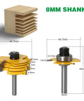 Top Notch 2 Piece Slot Cutter Router Bit Set With Stacked And Bearing Guided 3 Wing Cutters Comes In 8mm Or 12mm Shank Options For Smooth Precision Cuts Every Single Time, 8mm shank and wood sample shown.