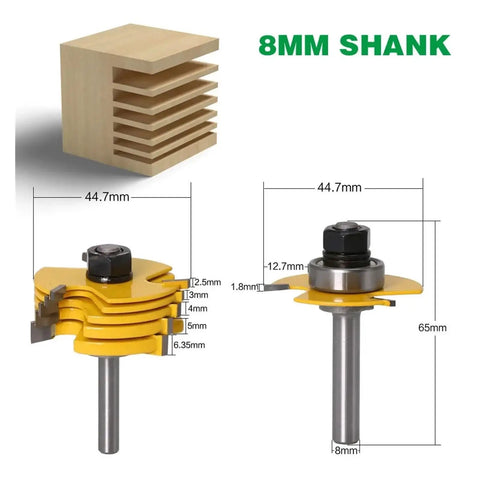 Top Notch 2 Piece Slot Cutter Router Bit Set With Stacked And Bearing Guided 3 Wing Cutters Comes In 8mm Or 12mm Shank Options For Smooth Precision Cuts Every Single Time, 8mm shank and wood sample shown.