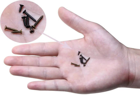 Hand holding various Top Shelf M2 Micro Screw Assortment With Cross Recessed Flat Head Tapping Fasteners in black oxide and bronze.