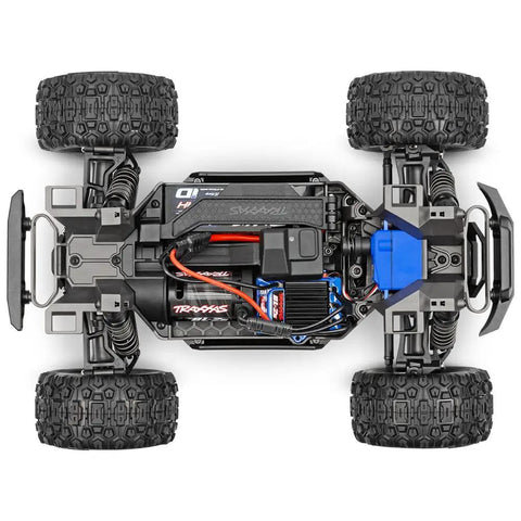 Top view of Blue Mini Maxx BL2S 4X4 Monster RC Truck Ready To Roll with Brushless Power Waterproof ESC exposed chassis