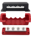 Top Grade Heavy Copper Bus Bar With Built Tough 600 Amp Power Distribution Block and Zero Fuss Surface Mount Battery Terminal Junction For Direct Current, showing red and black junction blocks.