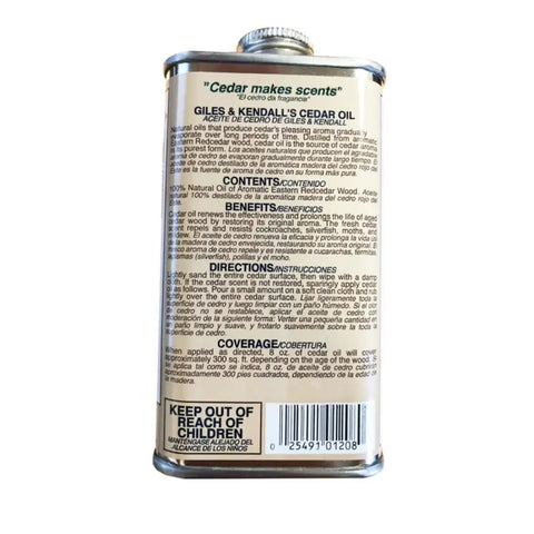 Back label view of 8 Oz Cedar Oil Can For Wood Care And Scent Boost, Premium Wood Finish Protector.