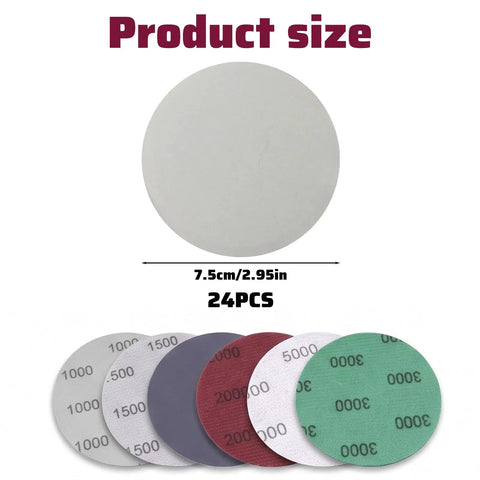 Grab These 24 Inch Round Sanding Discs For Drill With Multi Grit Set From Coarse To Ultra Smooth Finish showing 24 pieces in various grits.