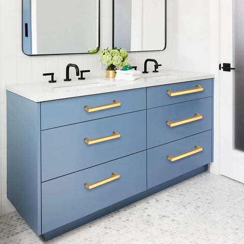 Hella Sleek And Top Shelf 10 Pack 15 Inch Cabinet Pulls For Kitchen Cabinets And Dresser Drawers Stainless Steel Gold Square Handles on blue vanity.