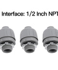Top Shelf 1/2 Inch NPT Liquid Tight Conduit Connectors 20 Pack Nylon 6 Electrical Fittings showing three connectors.