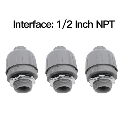 Top Shelf 1/2 Inch NPT Liquid Tight Conduit Connectors 20 Pack Nylon 6 Electrical Fittings showing three connectors.