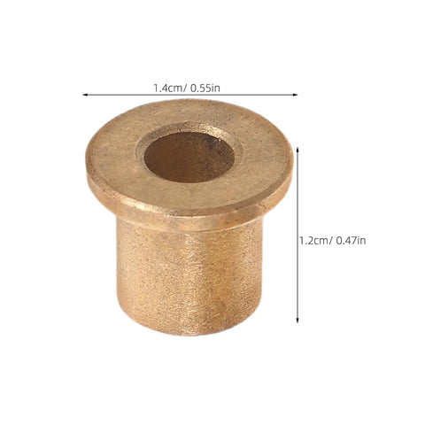 Six Piece Flanged Copper Sleeve Bearings With Step Shoulder Flange And Wrapped Brass Bushings built like a tank, close-up view, dimensions labeled.