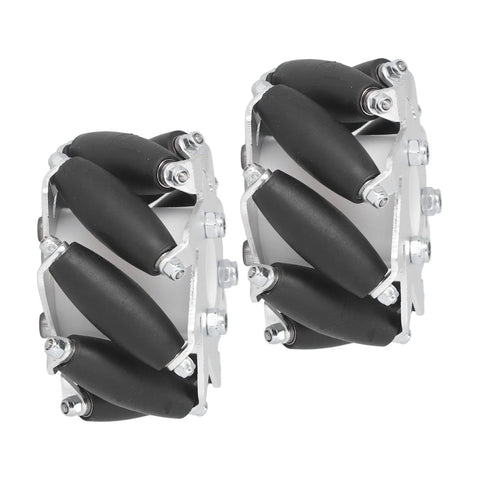 Front view of two 60mm aluminum alloy omni wheels with eight rubber rollers for DIY robotics projects