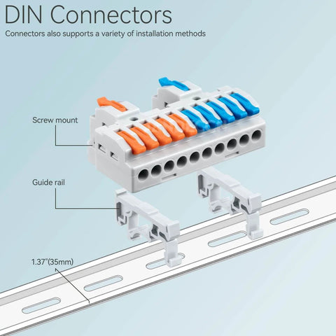Six Piece DIN Rail Terminal Blocks Set For Inline Circuit Wiring 28 12 AWG DIY Plug And Play Splice Connectors with guide rail mount
