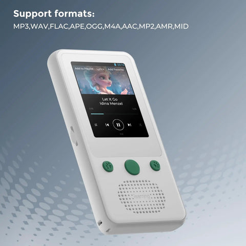 A5 Kids MP3 Player With Bluetooth And 2.4 Inch Touch Screen, playing music, features green buttons and built-in speaker.