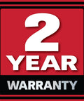 2-year warranty label with bold white text on a red and black background