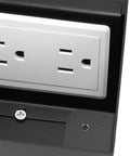 Heavy Duty Recessed Floor Outlet Kit With Bulletproof Stainless Steel Safety Cover And Tamper Resistant Doors For No Sweat Setup Plus Two Standard Power Outlets And Dual Ethernet Data Ports For Job Site Or Living Room - close-up of AC sockets.