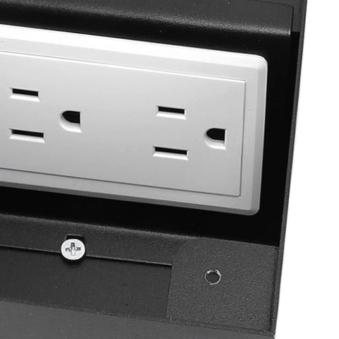 Heavy Duty Recessed Floor Outlet Kit With Bulletproof Stainless Steel Safety Cover And Tamper Resistant Doors For No Sweat Setup Plus Two Standard Power Outlets And Dual Ethernet Data Ports For Job Site Or Living Room - close-up of AC sockets.