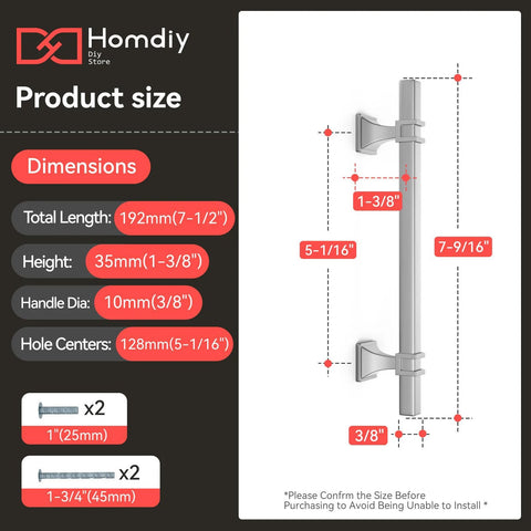 Diagram showing dimensions of Ten Pack Brushed Nickel Cabinet Pulls Center To Center 128mm 7.5 Inch Overall Length 192mm