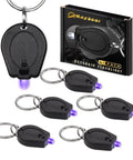 Six Pack 395nm Mini UV LED Keychain Flashlight Black Light For Detections Quick Urine And Bodily Fluid Spotting ID Card And Credit Card Checks Ultra Bright 12 Lumen Ultraviolet Light, showing six flashlights and packaging.