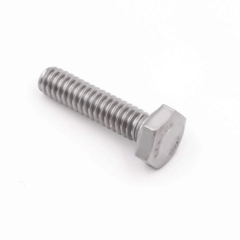 Side view of stainless steel hex bolt, 1/4-20 x 1-1/2 inch, fully threaded hex head