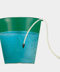 Green bucket with water suction hose with filter for electric pressure washers, easy fit debris filtering, in use with blue water
