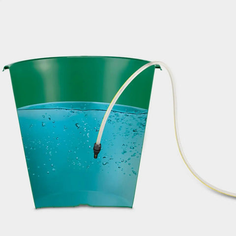Green bucket with water suction hose with filter for electric pressure washers, easy fit debris filtering, in use with blue water