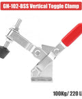 Heavy Duty Toggle Clamp With 220 Lb Holding Power And Quick Snap Lever For Woodworking Jigs Welding Fixtures And Mold Assembly, vertical design with red handle.