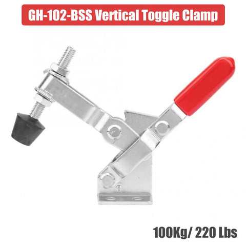 Heavy Duty Toggle Clamp With 220 Lb Holding Power And Quick Snap Lever For Woodworking Jigs Welding Fixtures And Mold Assembly, vertical design with red handle.