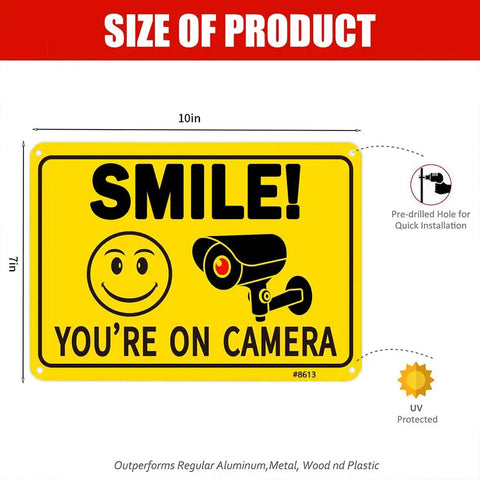 Two Pack Smile Youre On Camera Signs 10 By 7 Inch Funny Security Signs with smile face and camera icon on yellow background