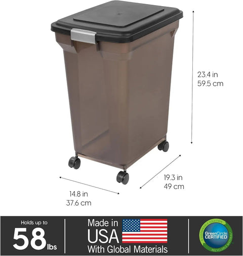 Zero Fuss Built Tough Pet Food Storage Container Keeps Dry Kibble Crisp All Week Long Smoke Black Airtight Lidded Bin Holds Fifty Eight Pounds Made In Usa For Cats And Dogs