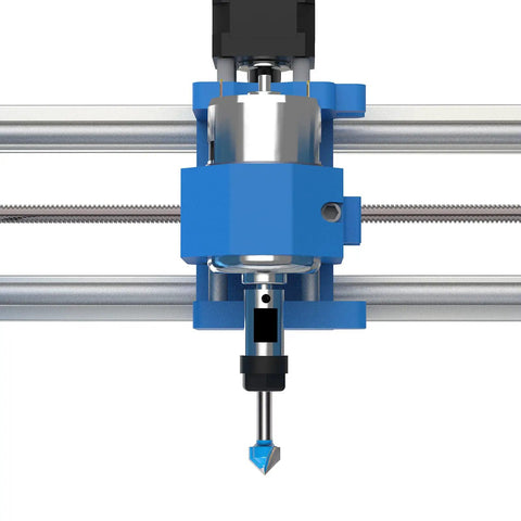 Drop Dead Durable Tungsten Carbide V Groove Router Bit Set For CNC Woodworking features a blue router head with a cutting bit.