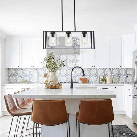 Black Dope 3 Light Modern Dining Pendant Lights For Kitchen Island Cage Linear Hanging Fixture With Glass Shade in kitchen