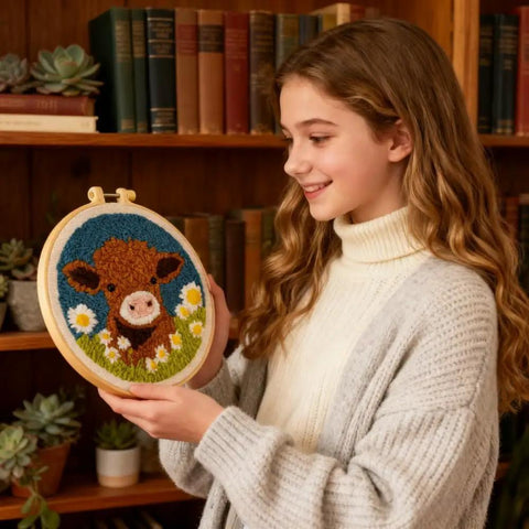 Girl holding Beginner Punch Needle Kit With 20x20cm Hoop Cute Highland Cow And Daisy Design Complete Embroidery Starter Set