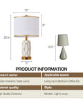 Set Of 2 Touch Control Ceramic Table Lamps For Bedroom And Living Room Modern Black And White Design With USB Ports Bedside Nightstand Lamps With Fabric Drum Shade Bulbs Included, detailed dimensions and product information.