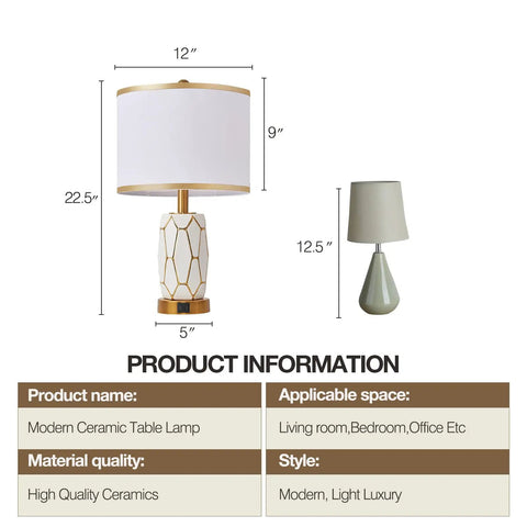 Set Of 2 Touch Control Ceramic Table Lamps For Bedroom And Living Room Modern Black And White Design With USB Ports Bedside Nightstand Lamps With Fabric Drum Shade Bulbs Included, detailed dimensions and product information.