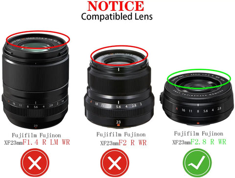 Three camera lenses with red and green circles, showing compatibility with 39mm Lens Cap Covers Snug Fit For Lenses With 39mm Filter Thread, Works With Popular 27mm F2.8, 60mm F2.4 Macro, 23mm F2.8 And Other 39mm Threaded Glass, 2 Pack