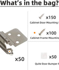 Three Eighths Inch Inset Cabinet Hinges Brushed Nickel Self-Closing Offset Hinges package contents with screws and bumpers