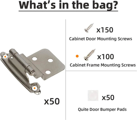 Three Eighths Inch Inset Cabinet Hinges Brushed Nickel Self-Closing Offset Hinges package contents with screws and bumpers
